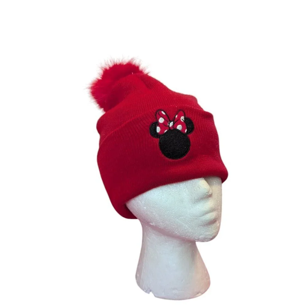 Disney Minnie Mouse Hat Knit Beanie Cap Ears Patch Fuzzy Puff Pom Red‎